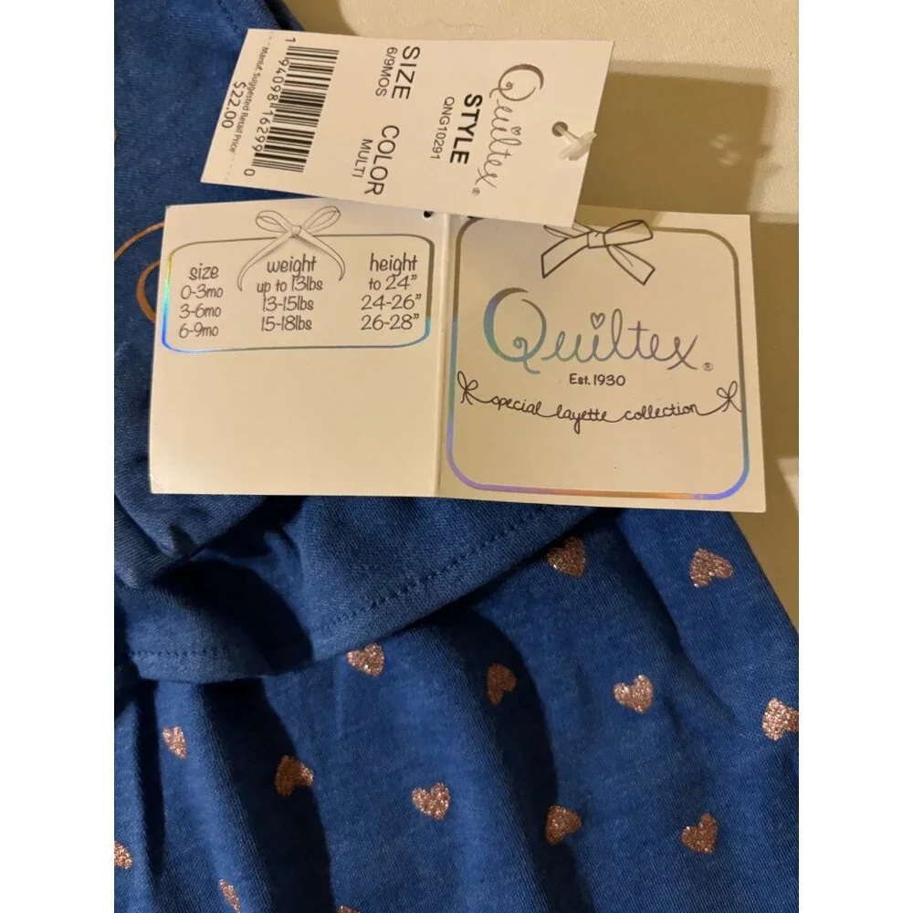 Quiltex Baby Girl Romper 6-9 Months NWT Blue‎ Gold 